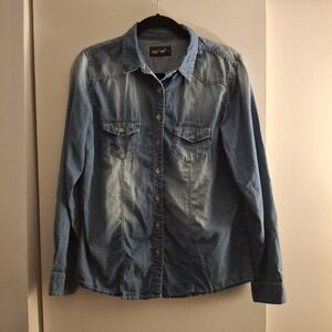 Blue Age Women's Ombre Distressed Button Down Long Sleeve Shirt